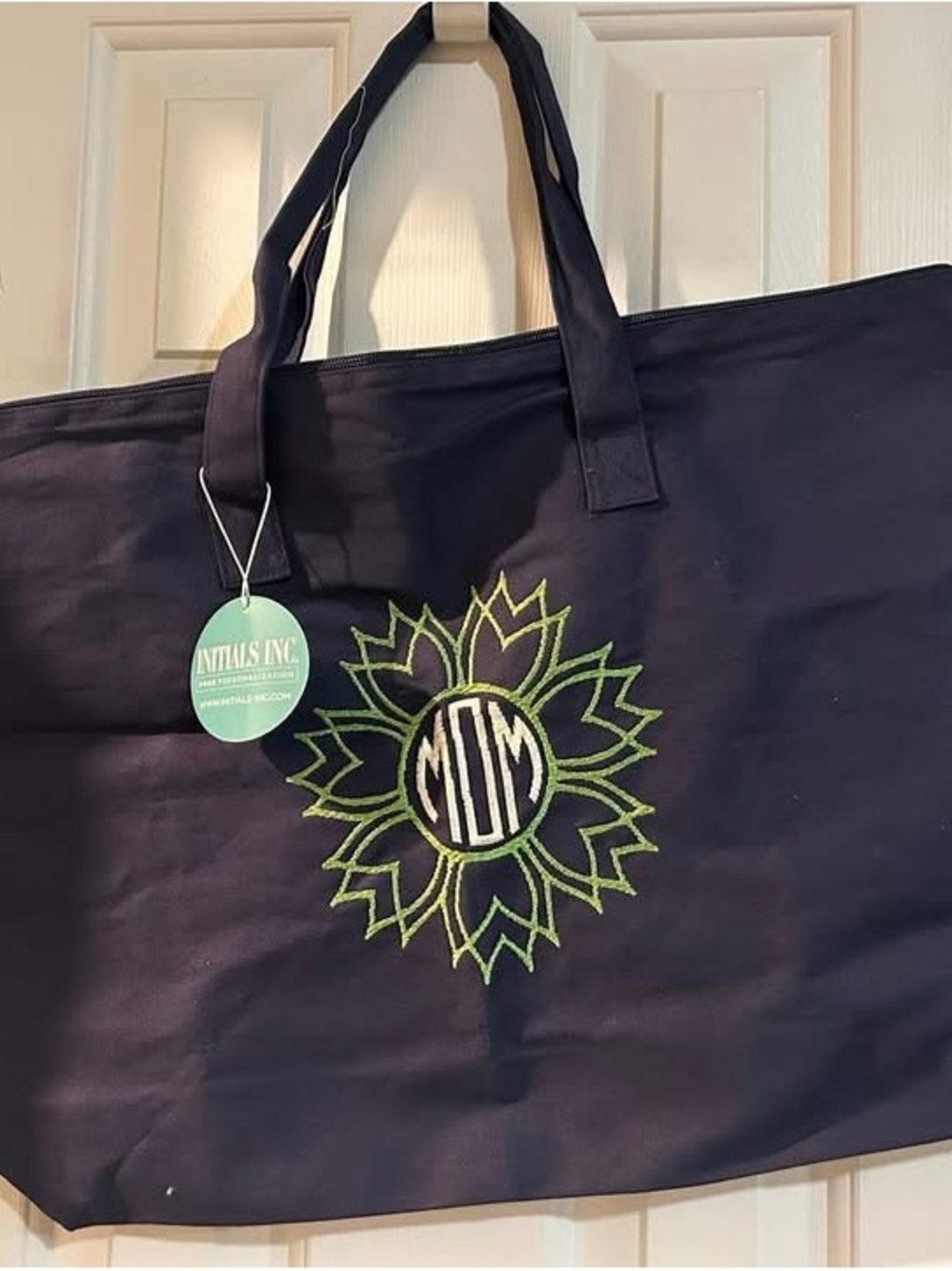 Navy Canvas Tote with Green Sunflower Monogram
